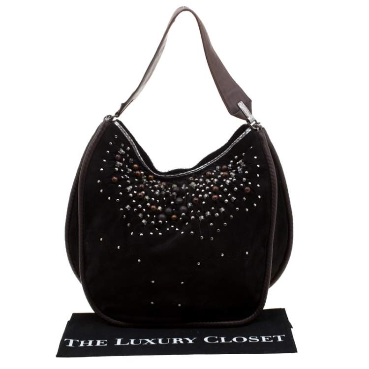 Pre Owned Jimmy Choo Black Suede Bead Embellished Hobo