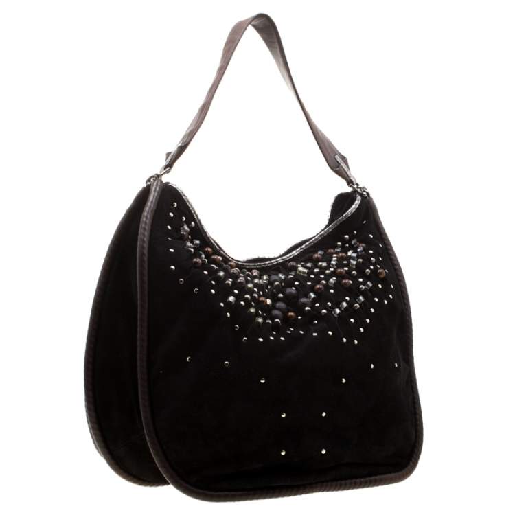Pre Owned Jimmy Choo Black Suede Bead Embellished Hobo