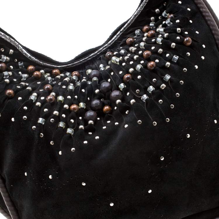 Pre Owned Jimmy Choo Black Suede Bead Embellished Hobo