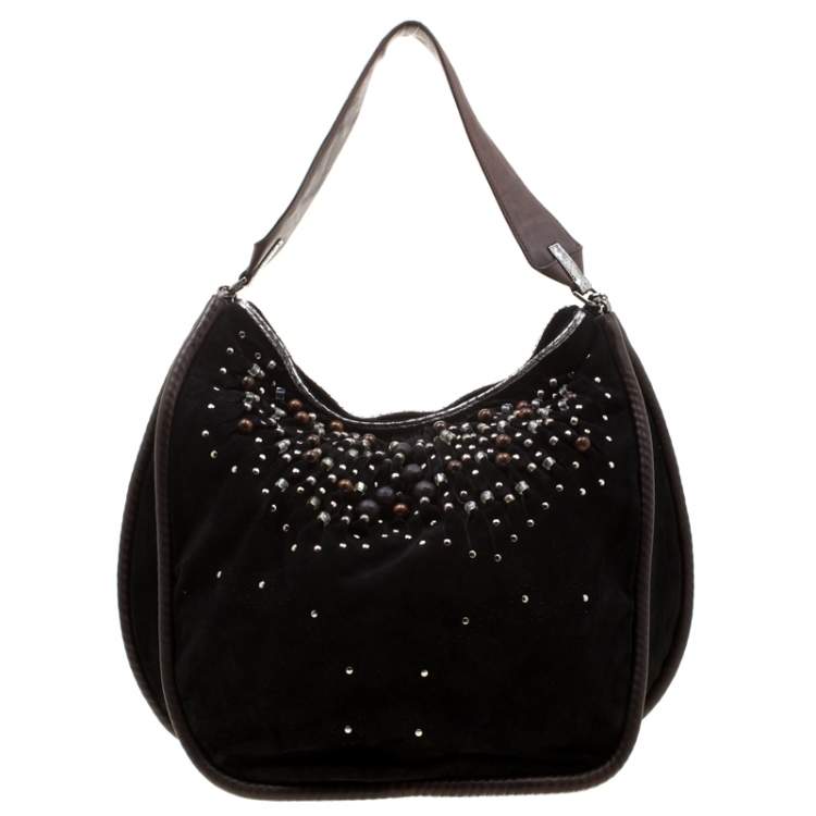 Pre Owned Jimmy Choo Black Suede Bead Embellished Hobo