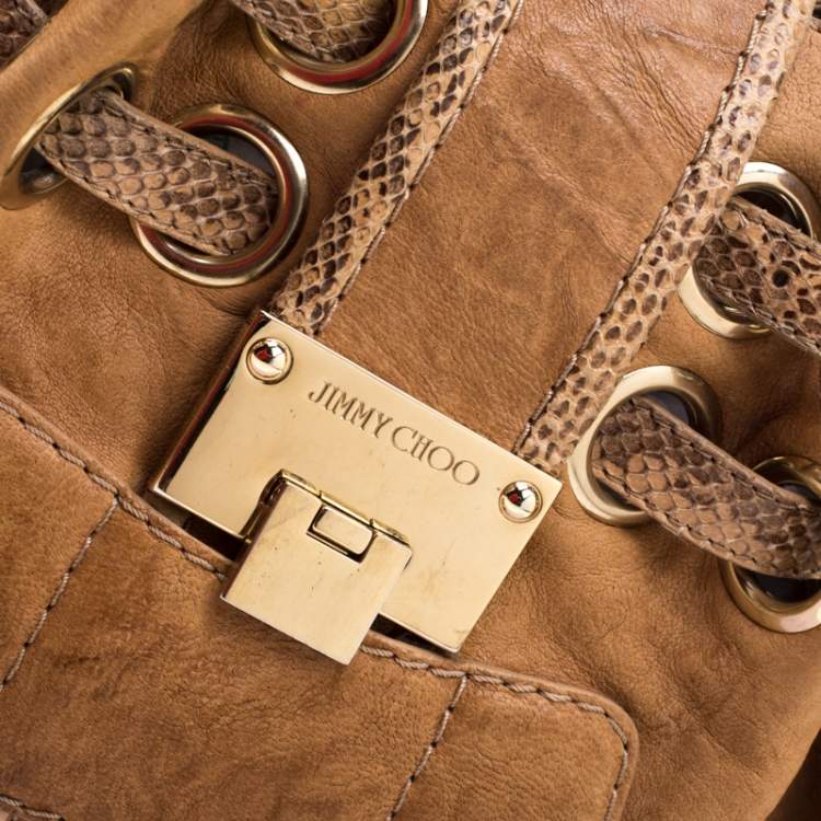 Pre Owned Jimmy Choo Tan Leather and Snakeskin Trimmed Ramona Tote