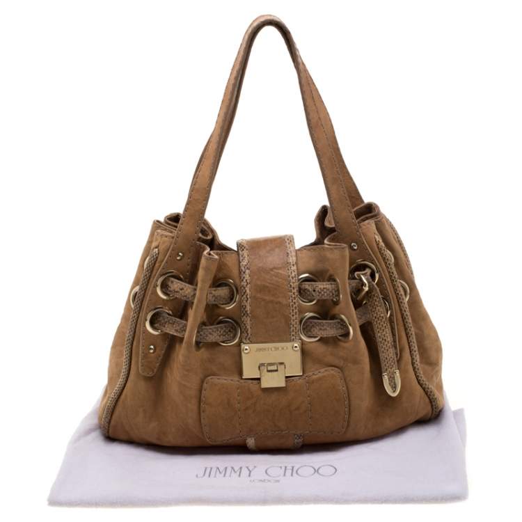 Pre Owned Jimmy Choo Tan Leather and Snakeskin Trimmed Ramona Tote