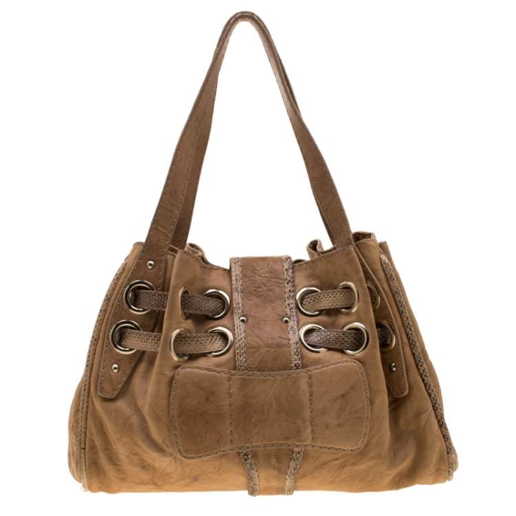 Pre Owned Jimmy Choo Tan Leather and Snakeskin Trimmed Ramona Tote