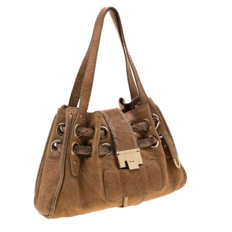 Pre Owned Jimmy Choo Tan Leather and Snakeskin Trimmed Ramona Tote