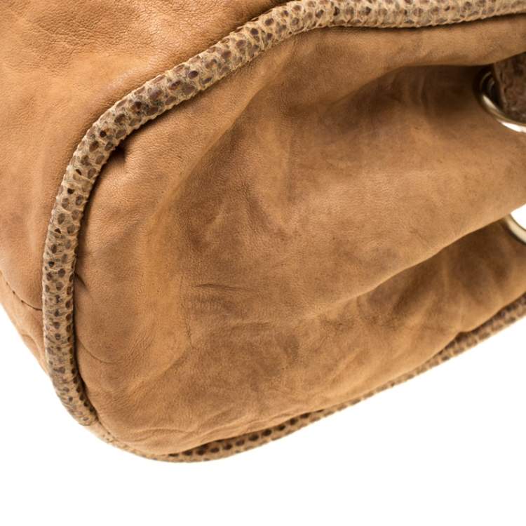 Pre Owned Jimmy Choo Tan Leather and Snakeskin Trimmed Ramona Tote