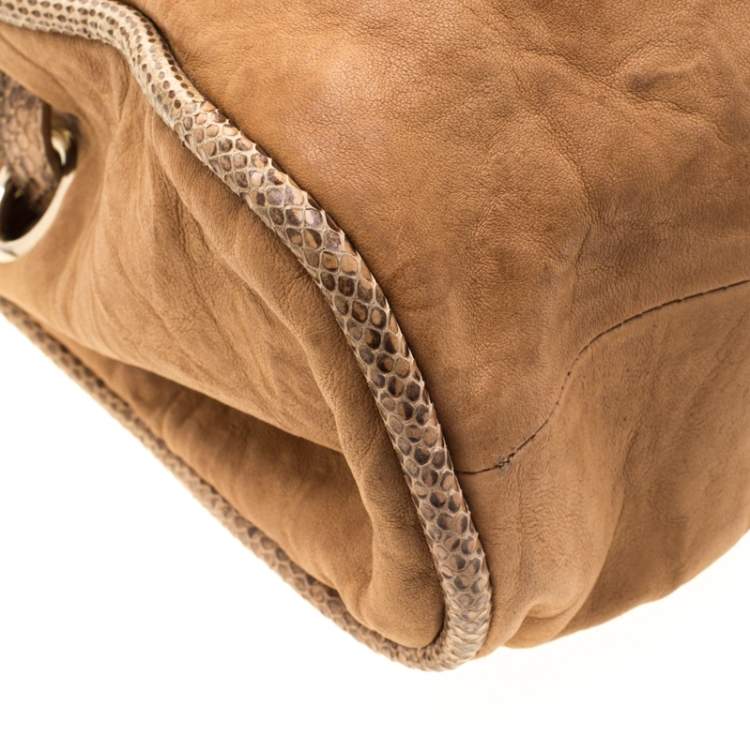 Pre Owned Jimmy Choo Tan Leather and Snakeskin Trimmed Ramona Tote