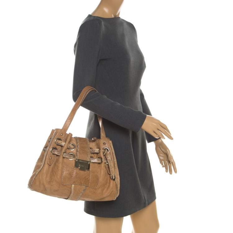 Pre Owned Jimmy Choo Tan Leather and Snakeskin Trimmed Ramona Tote