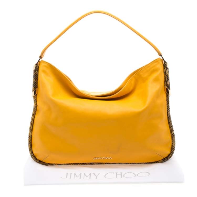 Pre Owned Jimmy Choo Mustard Leather and Snakeskin Trim Zoe Hobo