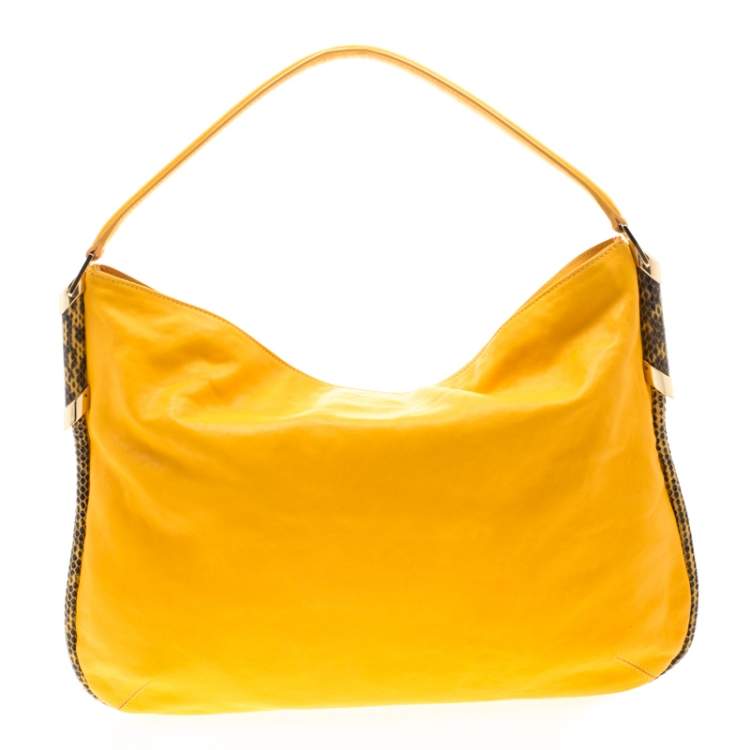 Pre Owned Jimmy Choo Mustard Leather and Snakeskin Trim Zoe Hobo