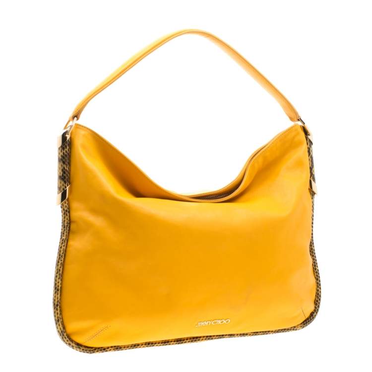 Pre Owned Jimmy Choo Mustard Leather and Snakeskin Trim Zoe Hobo