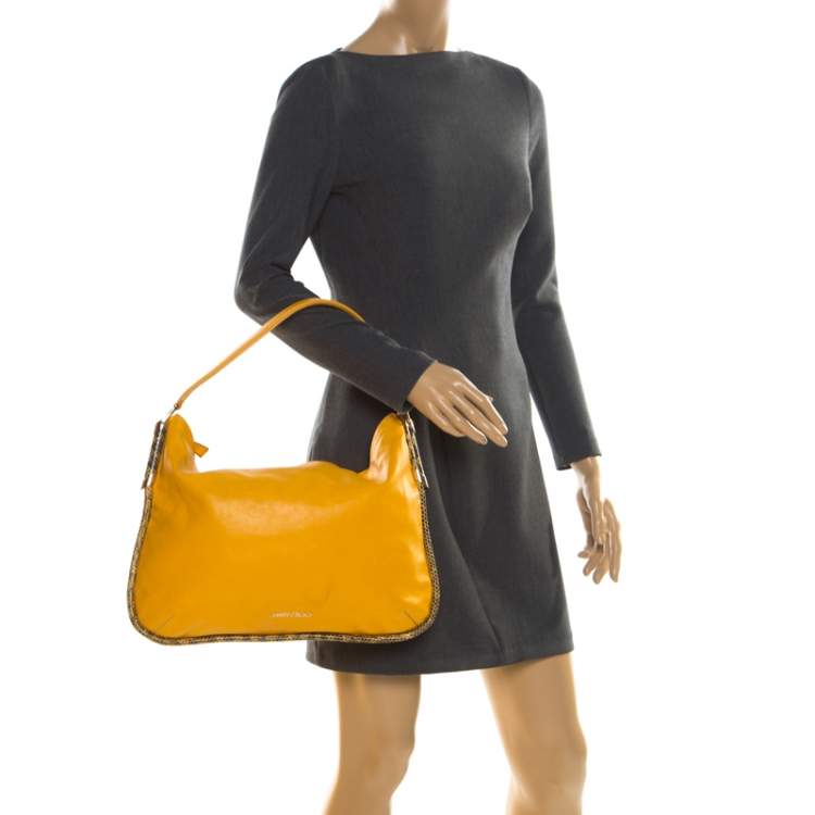 Pre Owned Jimmy Choo Mustard Leather and Snakeskin Trim Zoe Hobo