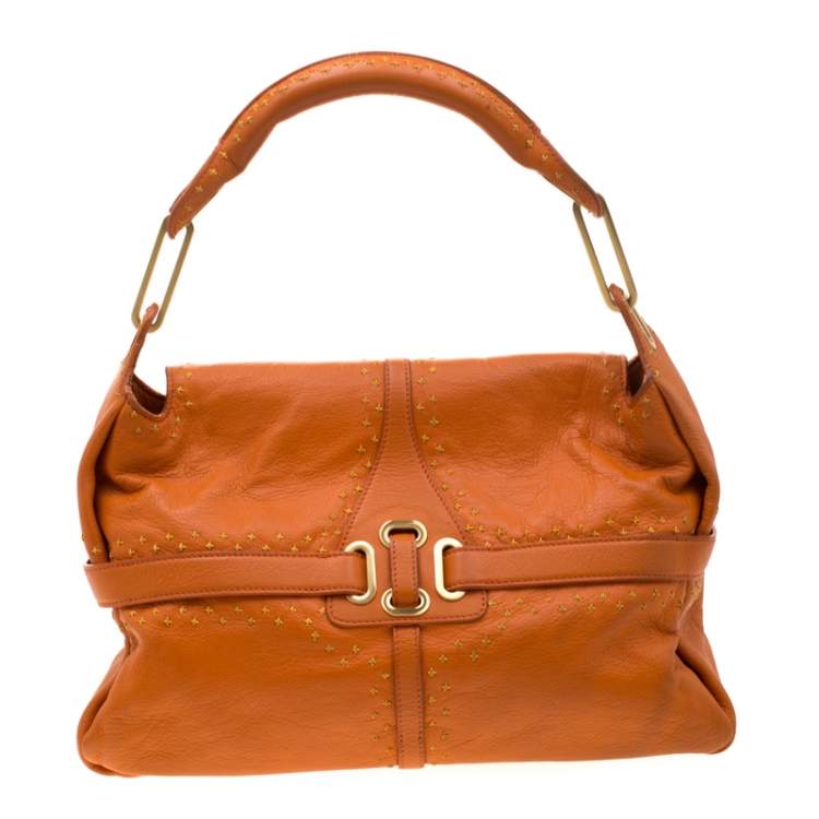 Pre Owned Jimmy Choo Orange Embroidered Leather Tulita Top Handle Bag