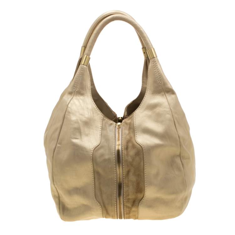 مملوكة مسبقًا Jimmy Choo Metallic Gold Leather and Suede Mandah Expandle Hobo