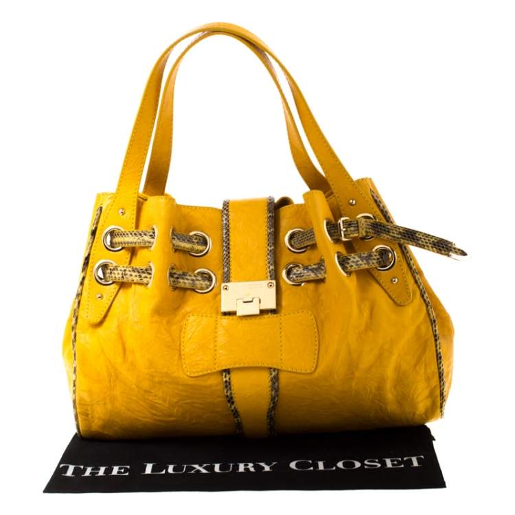 مملوكة مسبقًا Jimmy Choo Yellow Leather and Python Trim Riki Tote