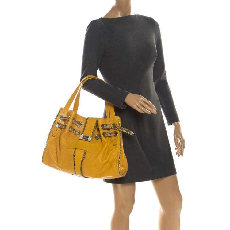 مملوكة مسبقًا Jimmy Choo Yellow Leather and Python Trim Riki Tote