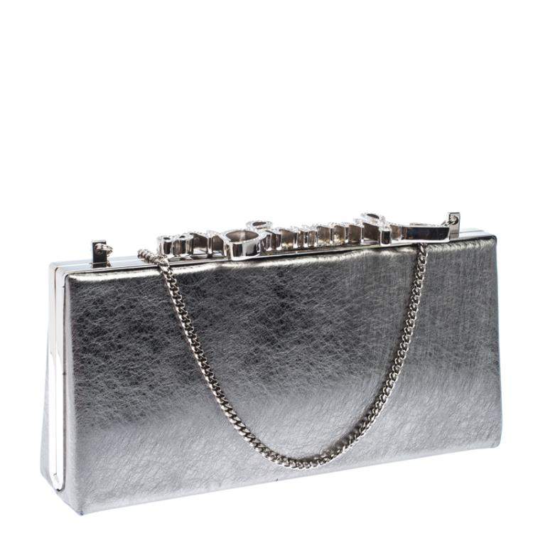 Pre Owned Jimmy Choo Metallic Silver Leather Vintage Celeste Clutch 