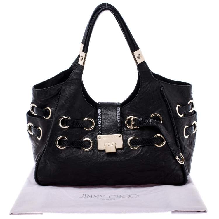 Pre Owned Jimmy Choo Black Leather and Python Trim Riki Tote