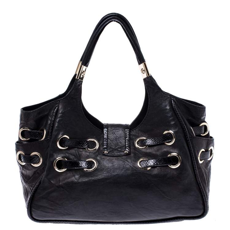 Pre Owned Jimmy Choo Black Leather and Python Trim Riki Tote