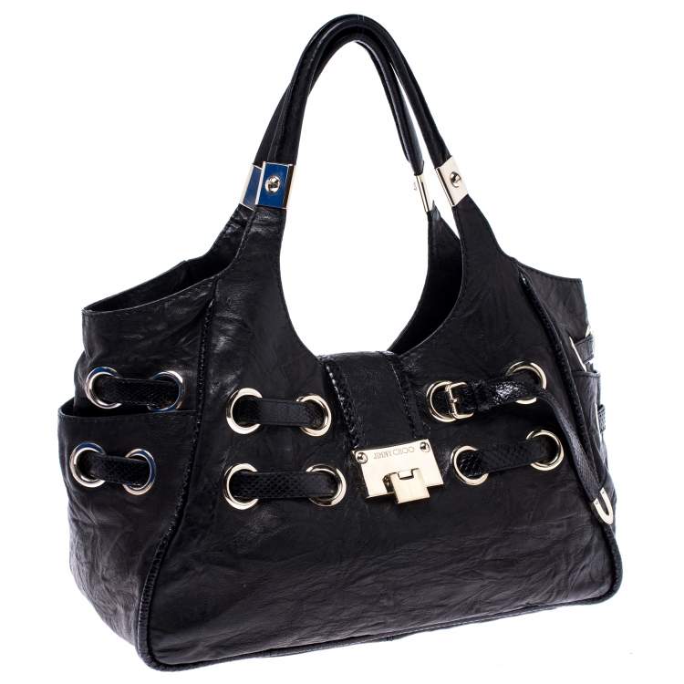 Pre Owned Jimmy Choo Black Leather and Python Trim Riki Tote