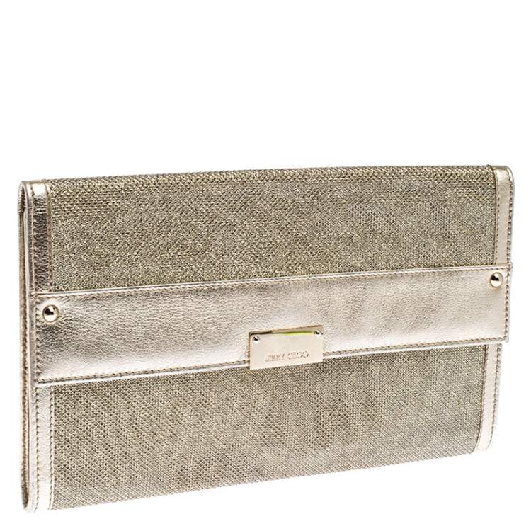 Pre Owned Jimmy Choo Gold Metallic Leather and Glitter Reese Continental Clutch