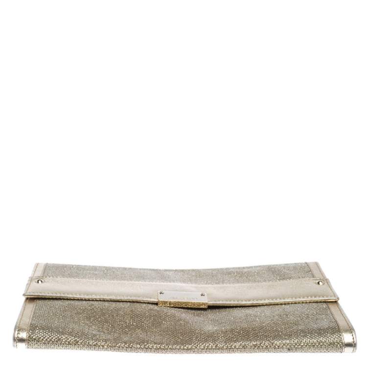 Pre Owned Jimmy Choo Gold Metallic Leather and Glitter Reese Continental Clutch