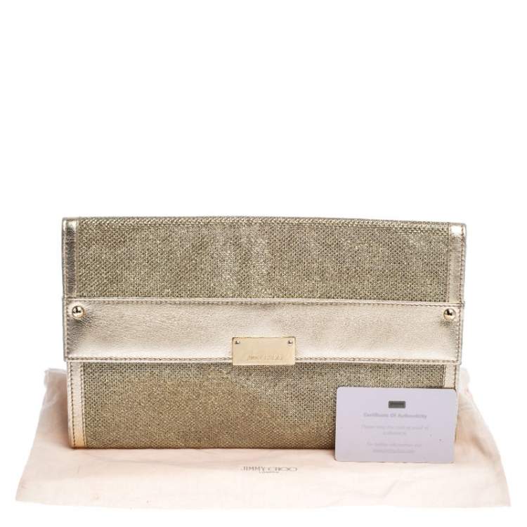 Pre Owned Jimmy Choo Gold Metallic Leather and Glitter Reese Continental Clutch