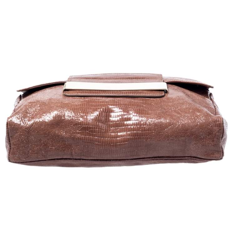 Pre Owned Jimmy Choo Brown Lizard Embossed Leather Carolina Shoulder Bag
