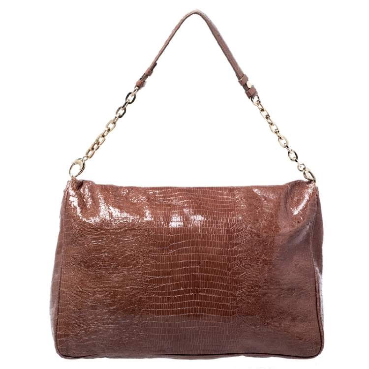 Pre Owned Jimmy Choo Brown Lizard Embossed Leather Carolina Shoulder Bag