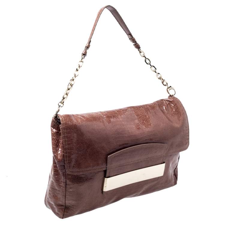 Pre Owned Jimmy Choo Brown Lizard Embossed Leather Carolina Shoulder Bag