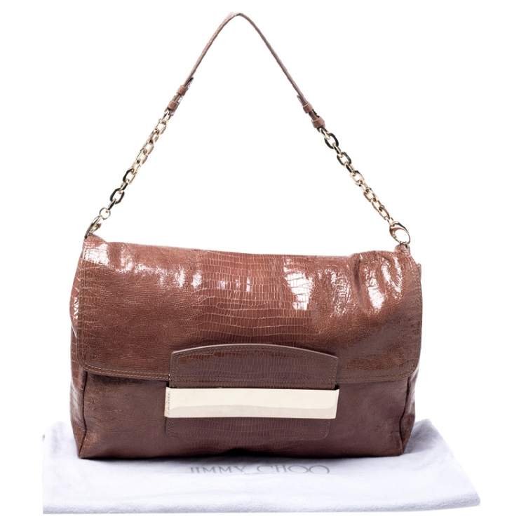Pre Owned Jimmy Choo Brown Lizard Embossed Leather Carolina Shoulder Bag