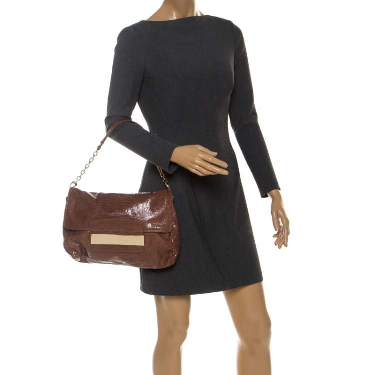 Pre Owned Jimmy Choo Brown Lizard Embossed Leather Carolina Shoulder Bag