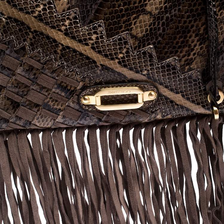 Pre Owned Jimmy Choo Beige Python and Suede Fringe Tita Shoulder Bag