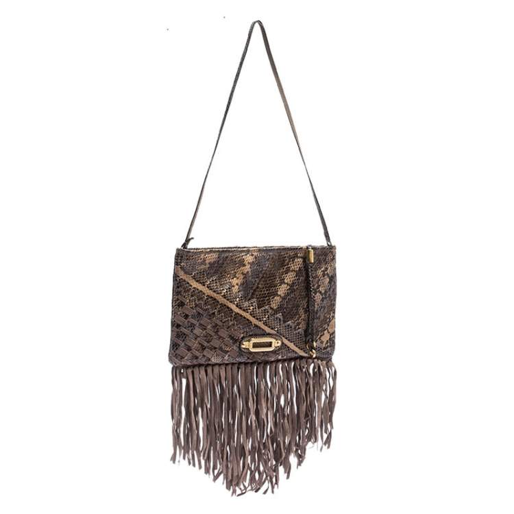 Pre Owned Jimmy Choo Beige Python and Suede Fringe Tita Shoulder Bag