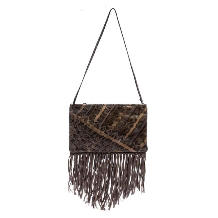 Pre Owned Jimmy Choo Beige Python and Suede Fringe Tita Shoulder Bag