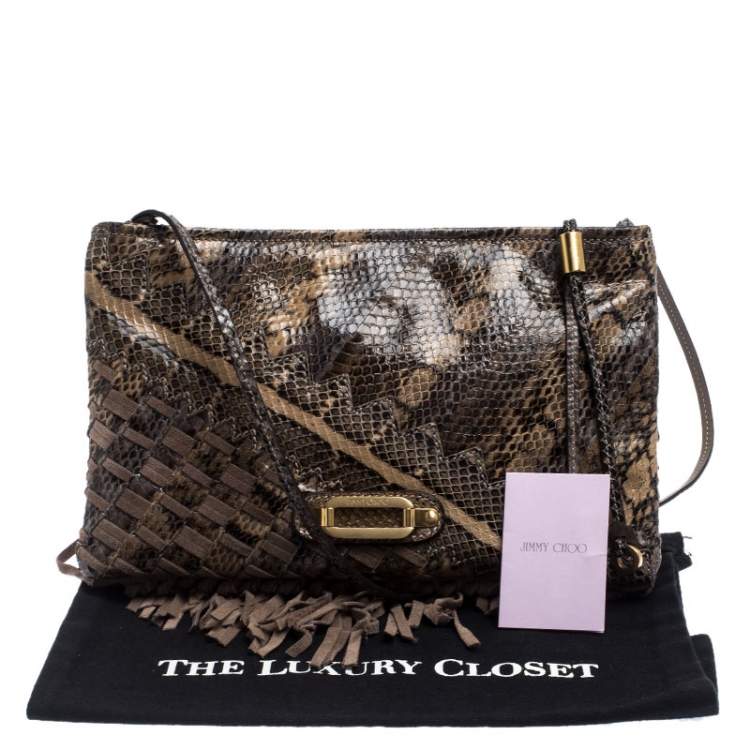 Pre Owned Jimmy Choo Beige Python and Suede Fringe Tita Shoulder Bag