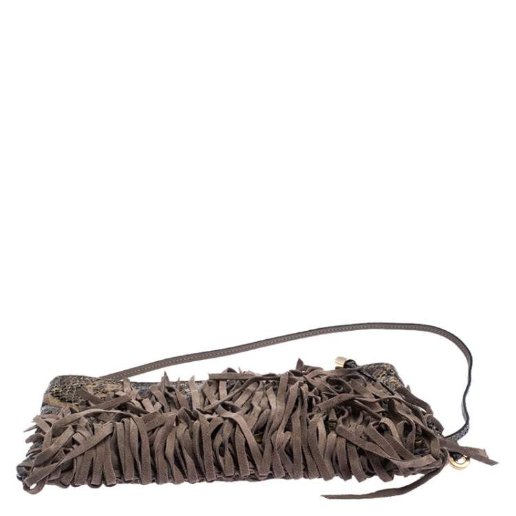 Pre Owned Jimmy Choo Beige Python and Suede Fringe Tita Shoulder Bag