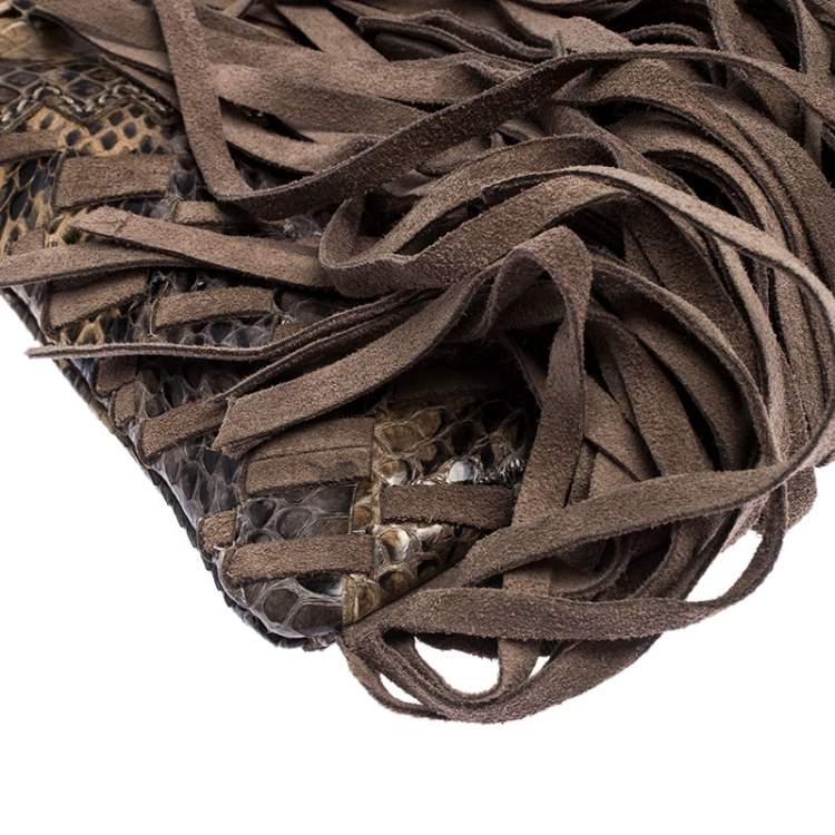 Pre Owned Jimmy Choo Beige Python and Suede Fringe Tita Shoulder Bag