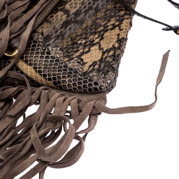 Pre Owned Jimmy Choo Beige Python and Suede Fringe Tita Shoulder Bag