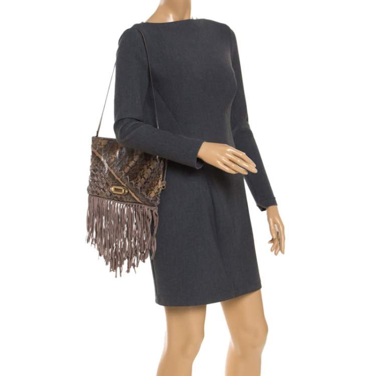 Pre Owned Jimmy Choo Beige Python and Suede Fringe Tita Shoulder Bag