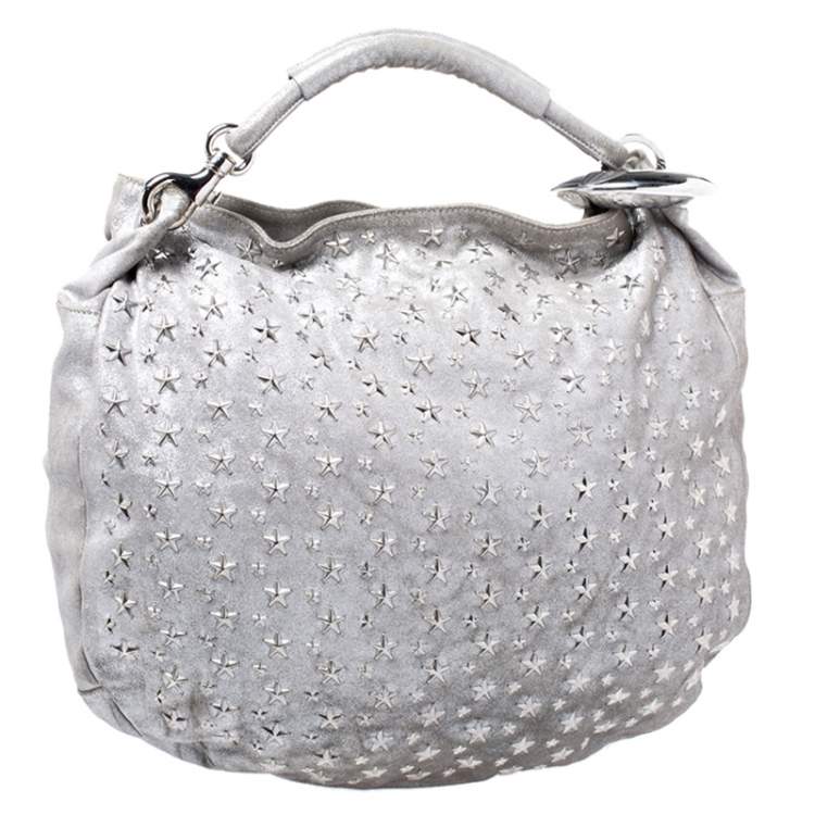 Pre Owned Jimmy Choo Silver Leather Star Studded Sky Bangle Hobo
