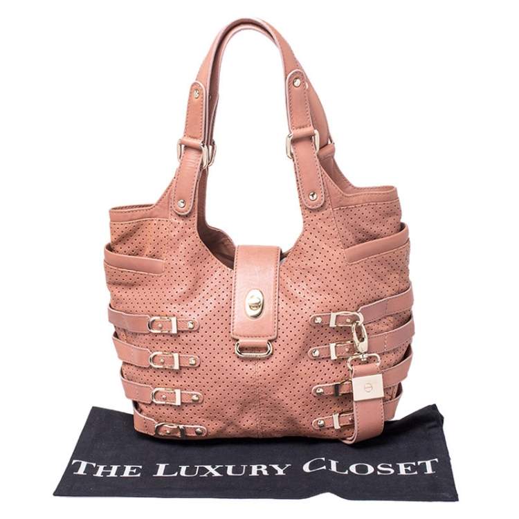 Pre Owned Jimmy Choo Nude Pink Perforated Leather Bardia Buckle Shoulder Bag