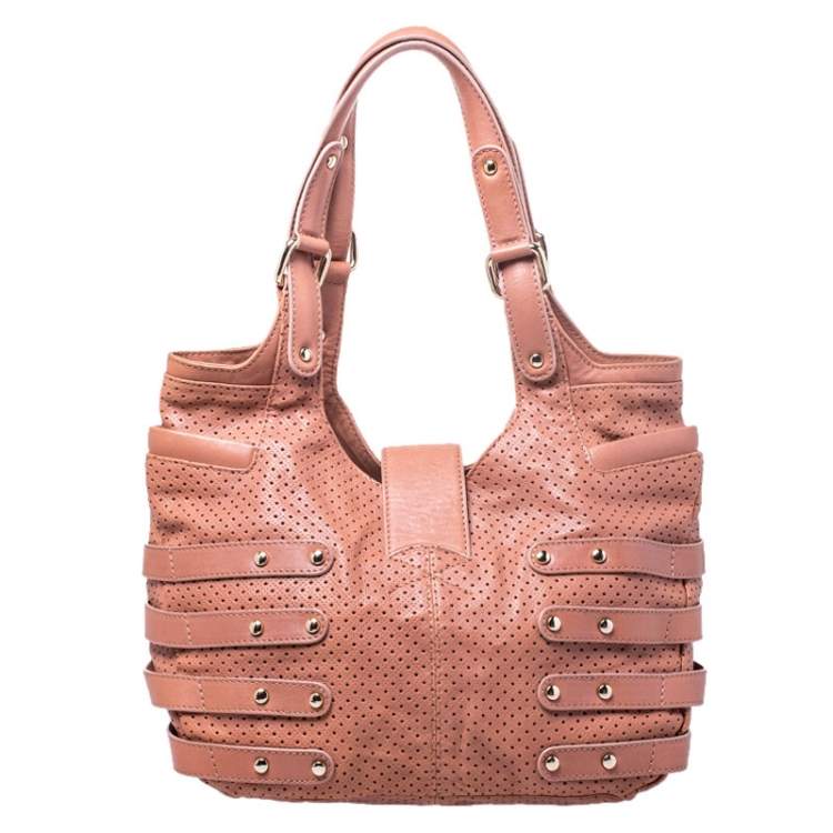 Pre Owned Jimmy Choo Nude Pink Perforated Leather Bardia Buckle Shoulder Bag