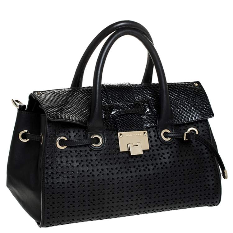 Pre Owned Jimmy Choo Black Perforated Leather and Snakeskin Rosa Flap Over Tote