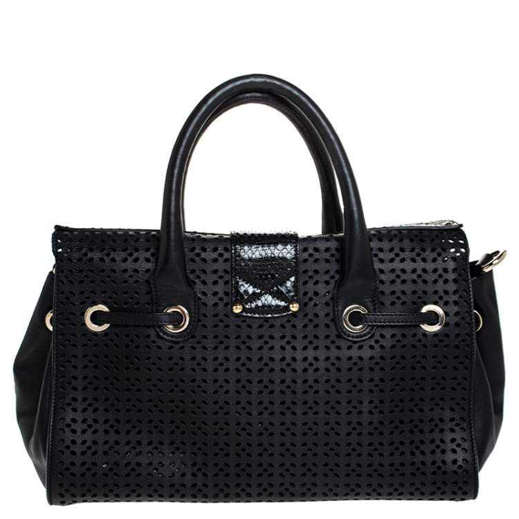 Pre Owned Jimmy Choo Black Perforated Leather and Snakeskin Rosa Flap Over Tote