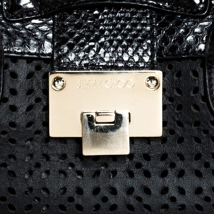 Pre Owned Jimmy Choo Black Perforated Leather and Snakeskin Rosa Flap Over Tote