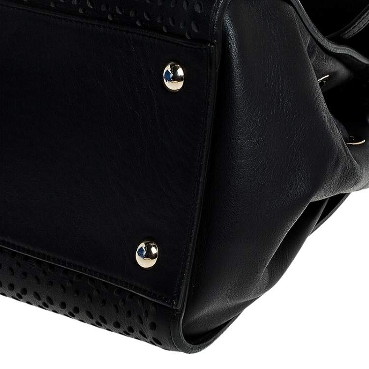 Pre Owned Jimmy Choo Black Perforated Leather and Snakeskin Rosa Flap Over Tote