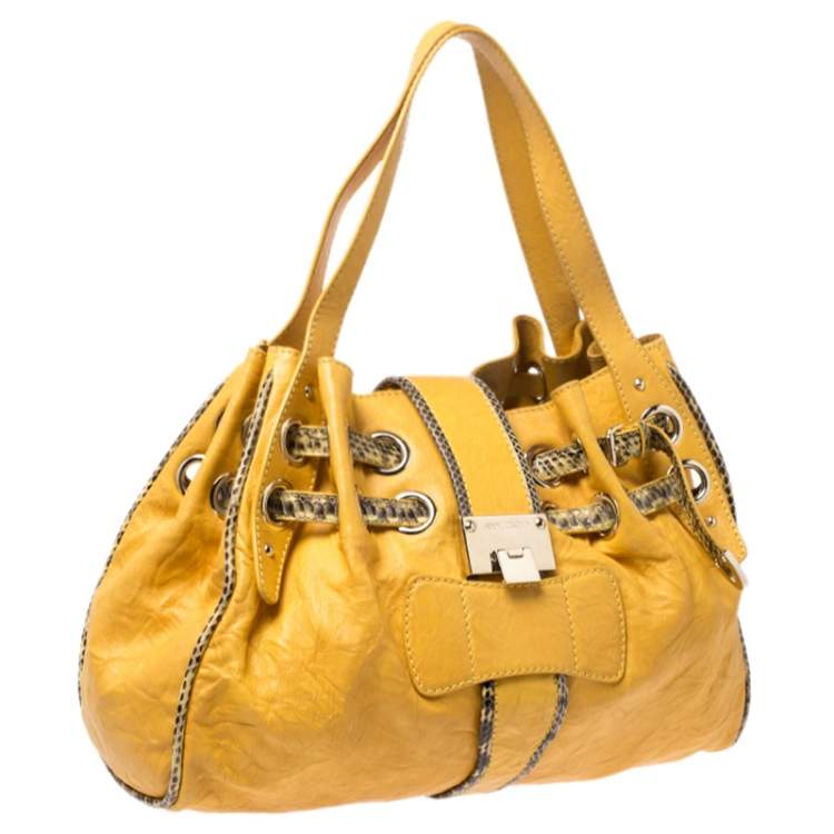 Pre Owned Jimmy Choo Yellow Leather Python Trimmed Riki Tote