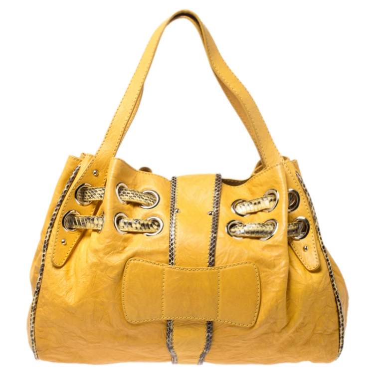 Pre Owned Jimmy Choo Yellow Leather Python Trimmed Riki Tote