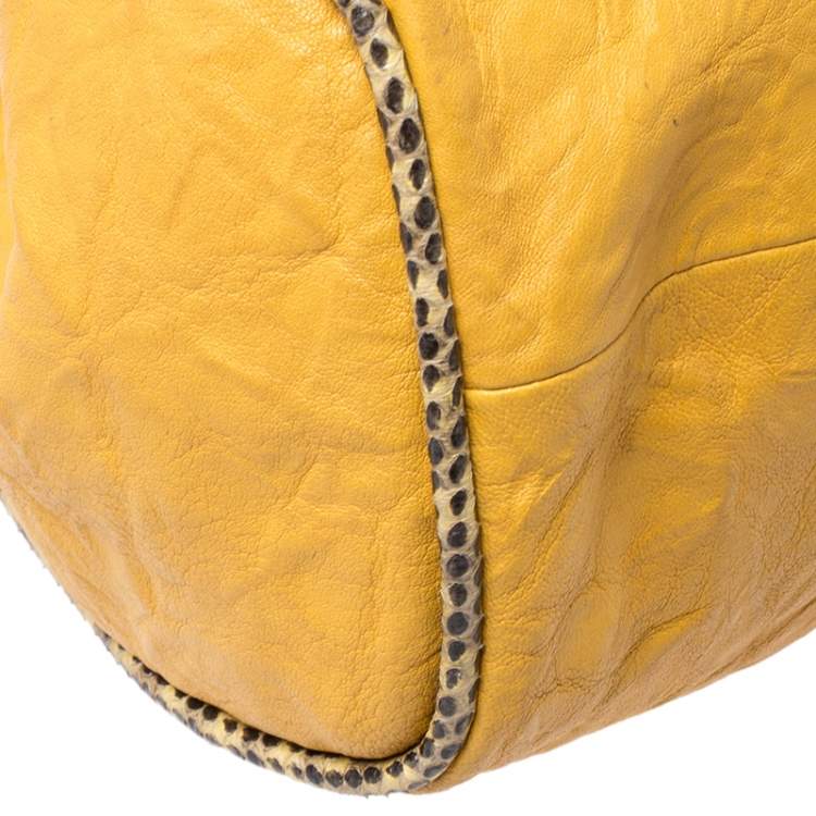 Pre Owned Jimmy Choo Yellow Leather Python Trimmed Riki Tote