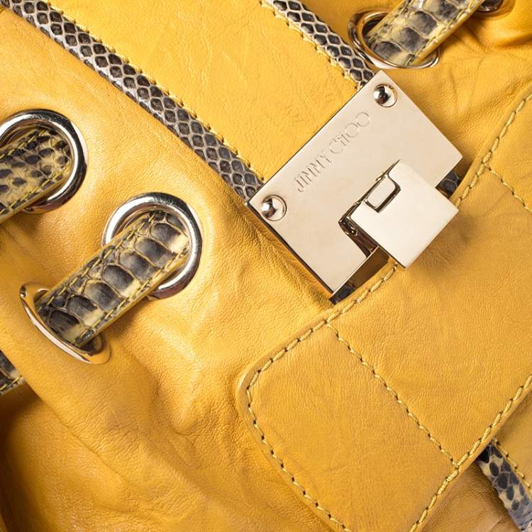 Pre Owned Jimmy Choo Yellow Leather Python Trimmed Riki Tote